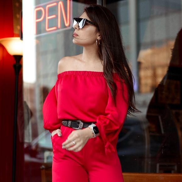 Red off shoulder long sleeve Jumpsuit - Picture 3 of 4